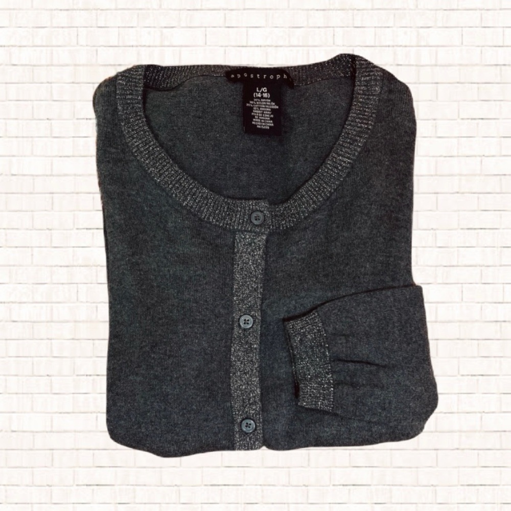 Luxe Sparkle Cardigan • Apostrophe Silver Gray Angora Rabbit Hair Large EUC OBO